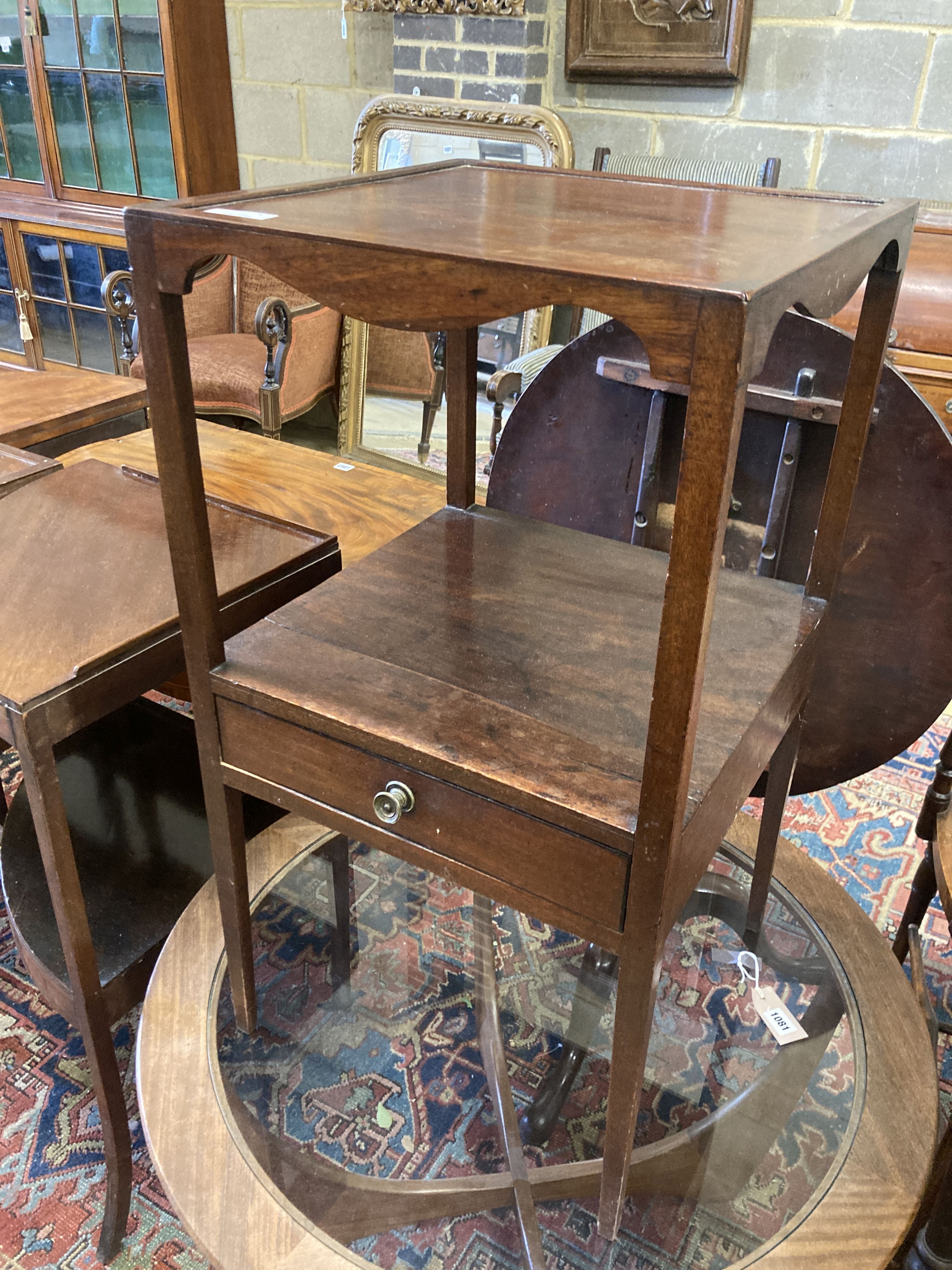 Three George III mahogany two tier washstands, largest width 43cm, depth 43cm, height 79cm